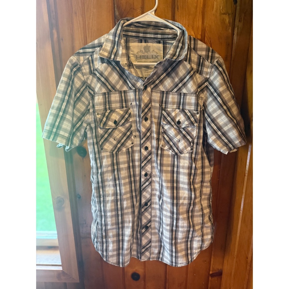 Helix Mens‎ Large Plaid Short Sleeve Button Up Shirt Casual Size Large